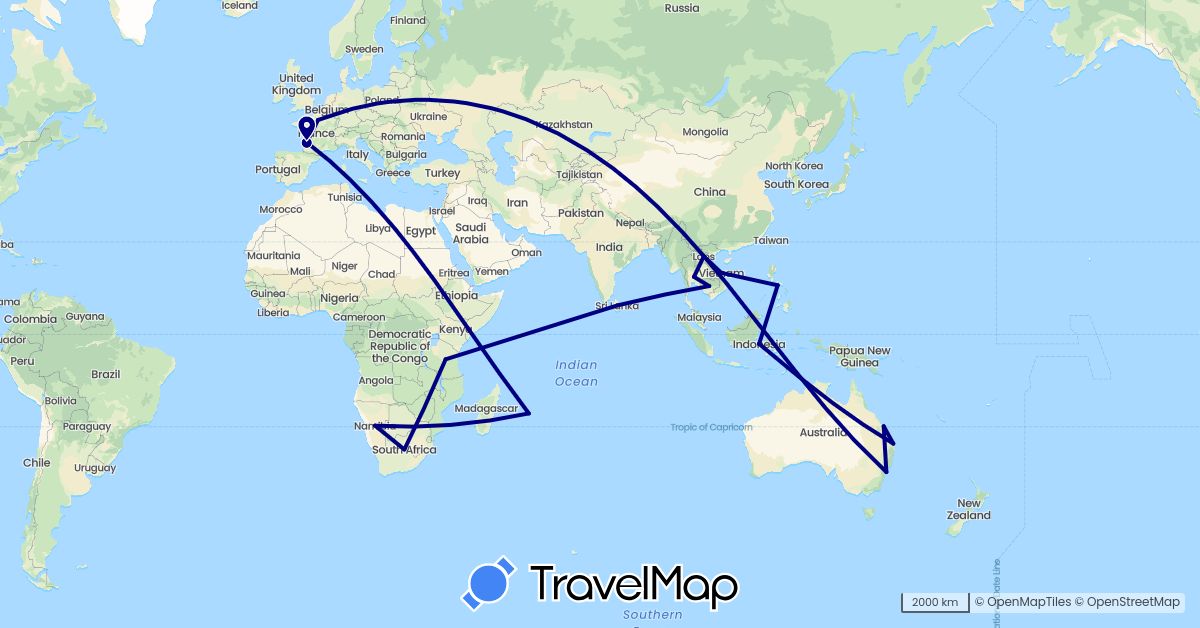 TravelMap itinerary: driving in Australia, France, Indonesia, Laos, Sri Lanka, Mauritius, Namibia, Philippines, Thailand, Tanzania, South Africa (Africa, Asia, Europe, Oceania)